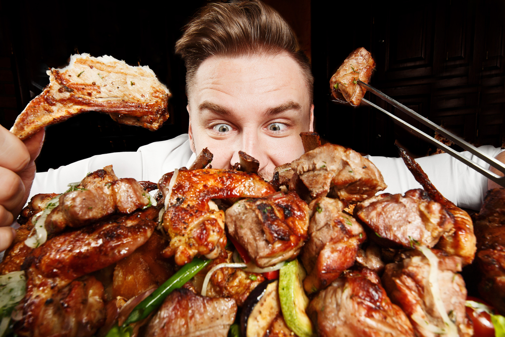 Crazy,Hungry,Man,Eating,Mix,Grill,Meat.,Emotional,Content,For